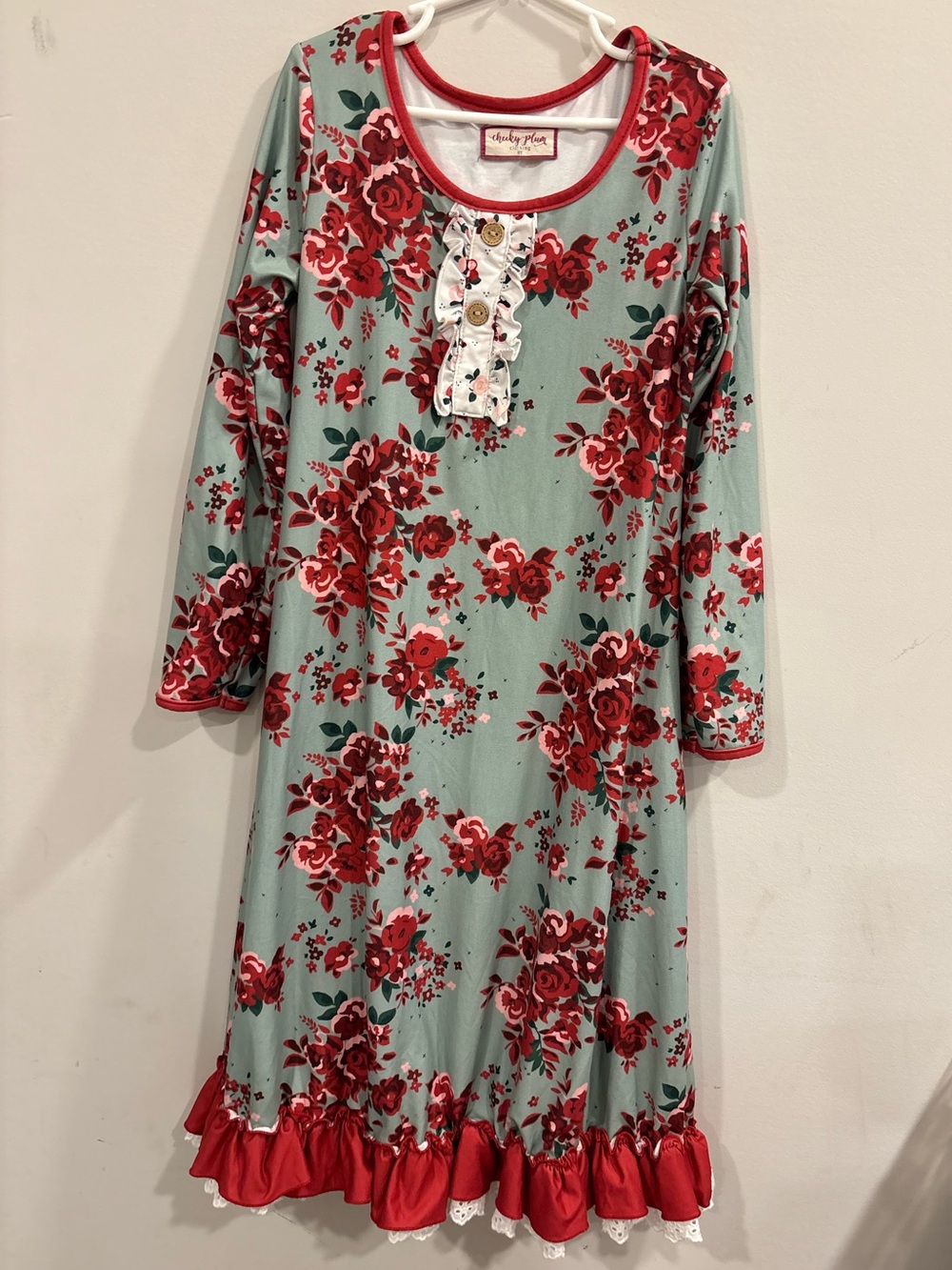 cheeky plum Mint Floral Nightdress with Red and Eyelet Trim and Wooden Buttons